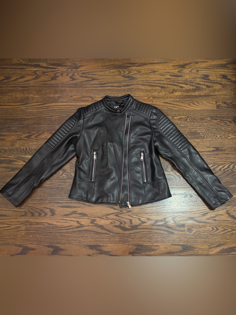 Zara Black Faux Leather Motorcycle Jacket size large women’s